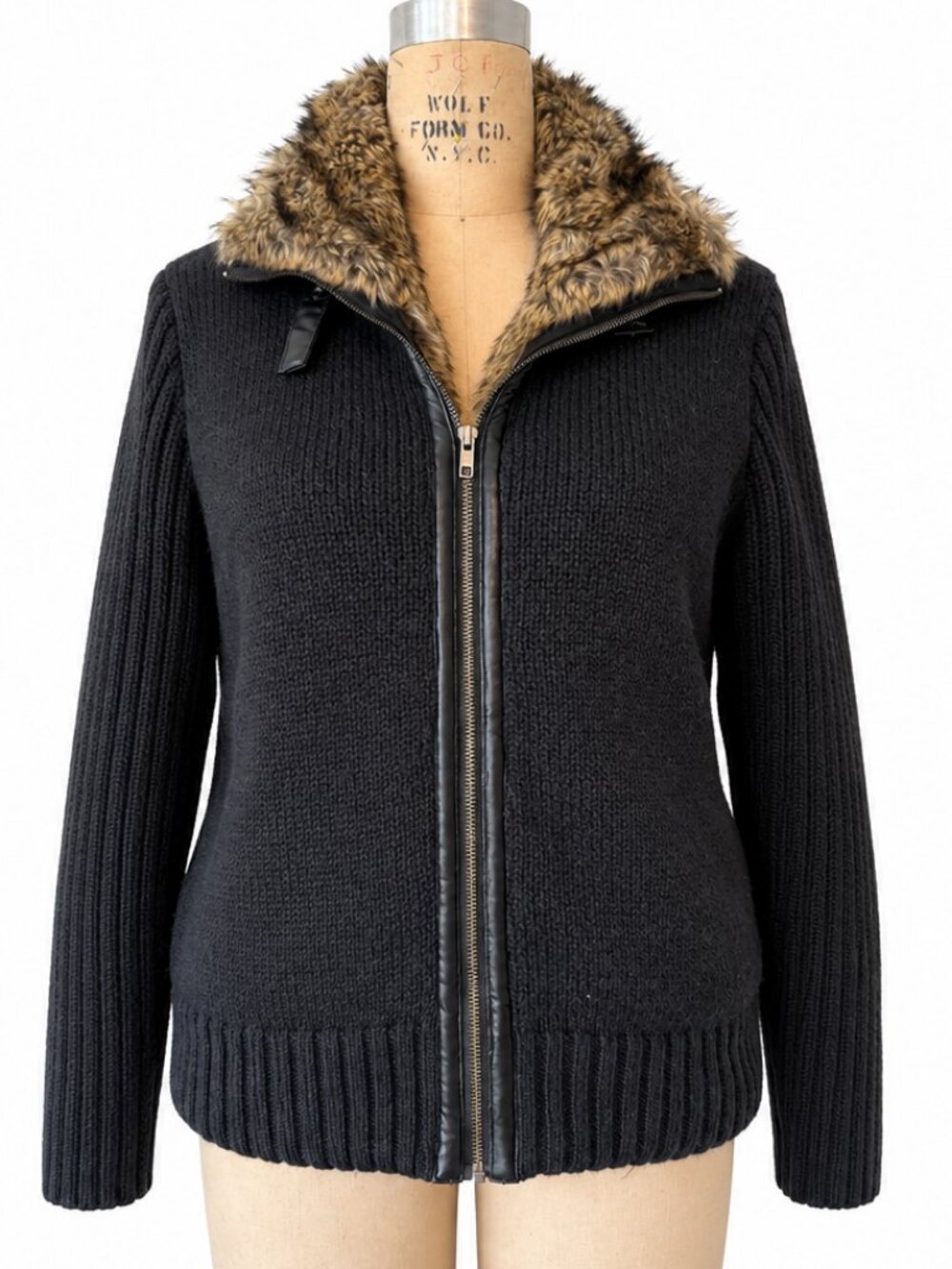 Orvis Wool Cardigan Jacket Womens Large Faux Fur Collar Full Zip Black